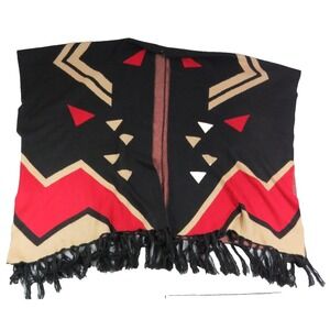 Womens Aztec Poncho Shawl Wrap Fringe Open Front Cozy Boho Tribal Black Red Tan